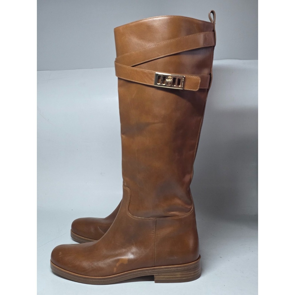 Michael Kors Women's Boots Size 7.5 EU 38 Brown Leather Zip Embossed Strap Shoes